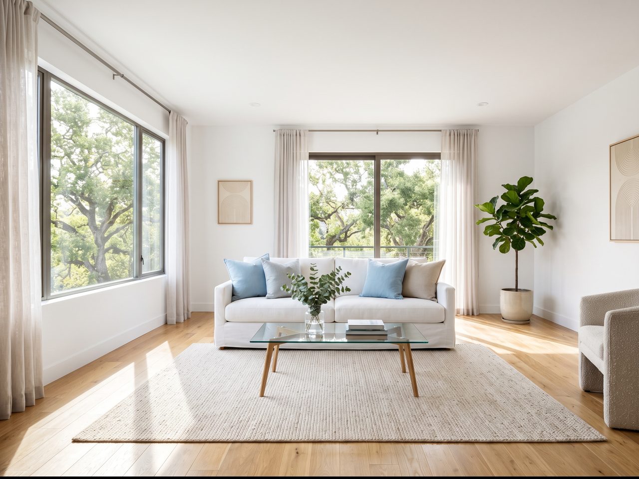 A bright, freshly cleaned living room with a white sofa, light oak floors and big sunny windows